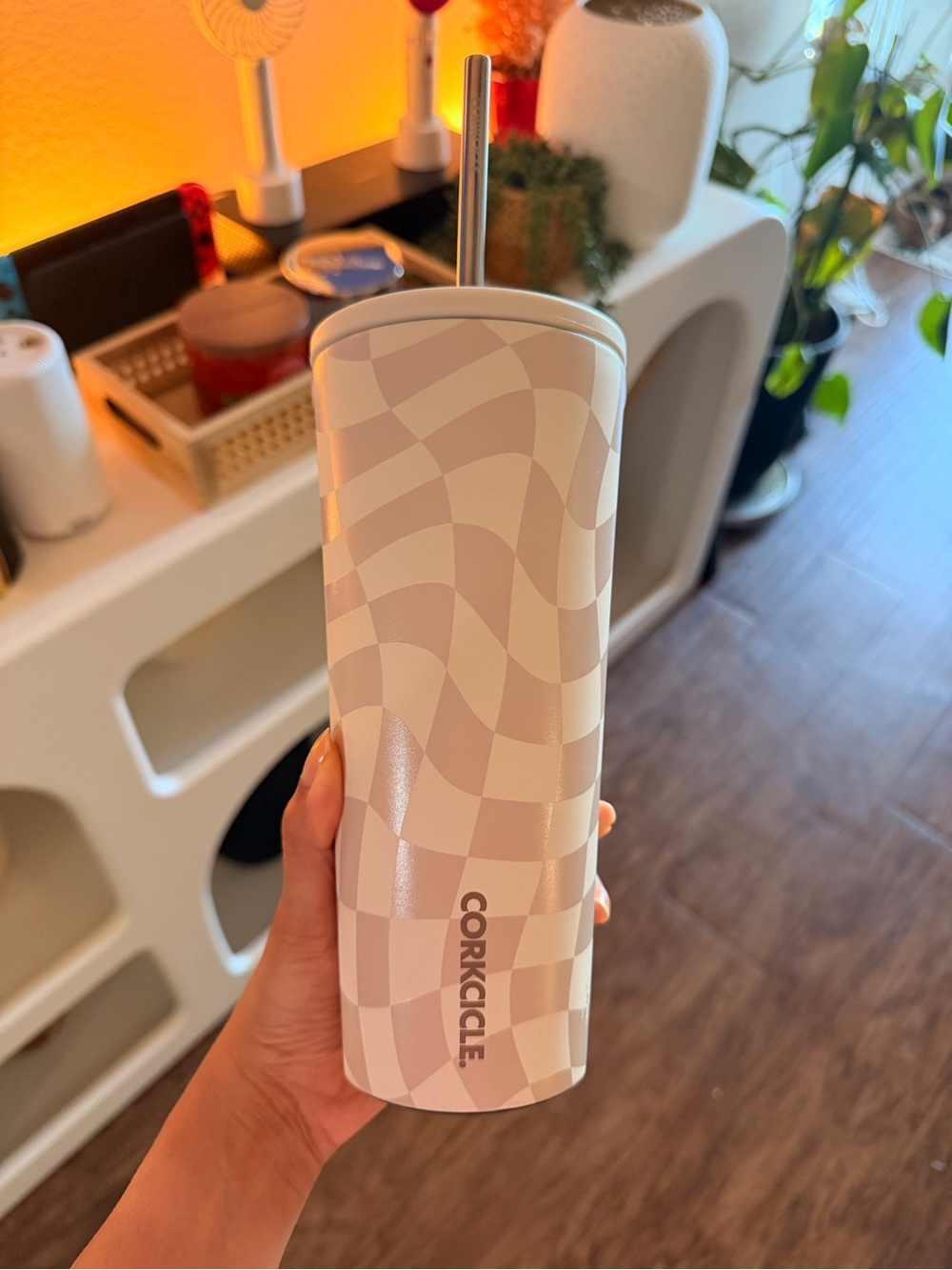 Corkcicle Cream and Light tan Wavy Checker Tumbler with Straw 24 oz.